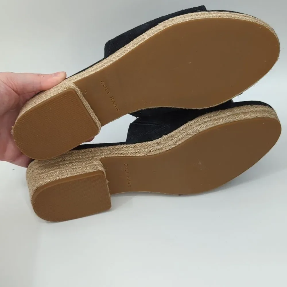 Cole Haan Giselle Espadrille Slide Sandals Black Suede Upper Woven High Heels 8B